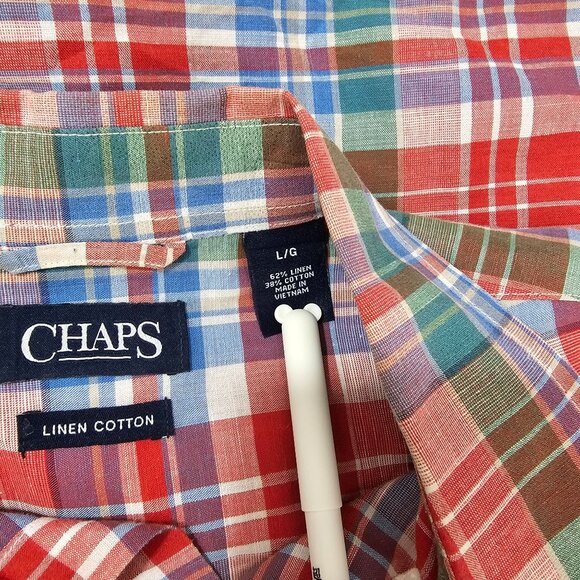 Ralph Lauren Chaps Linen Blend Colorful Plaid Shirt Mens Sz L Preppy Work Casual - Picture 8 of 9